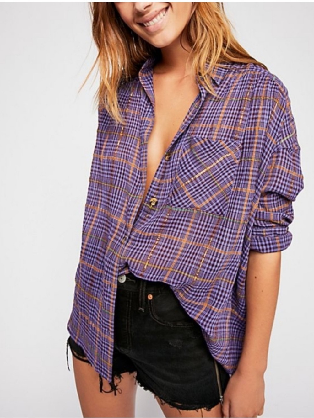 Free People Break My Stride Purple Plaid Button Down Shirt Top Medium